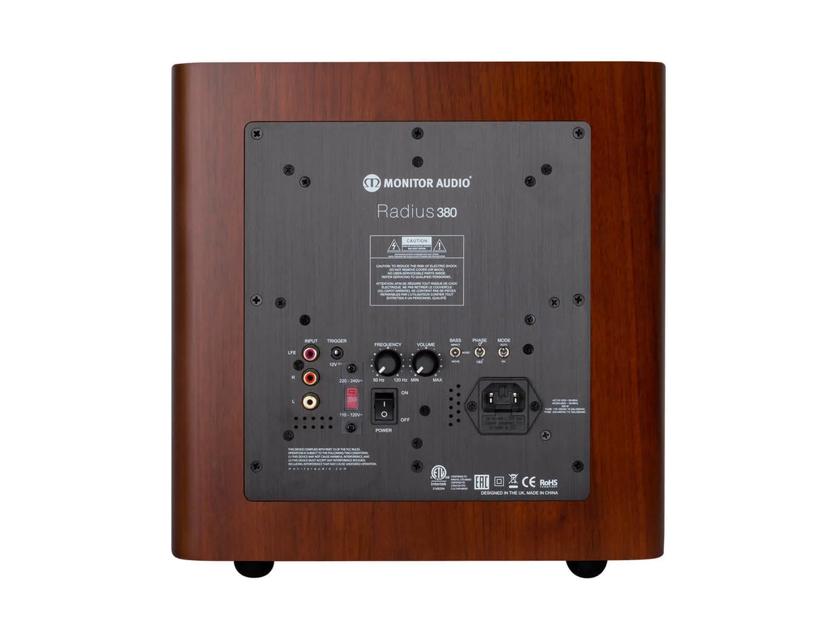Monitor Audio Radius 380, žemų dažnių garso kolonėlė (įvairių spalvų) - galinė panelė su jungtimis ir valdikliais