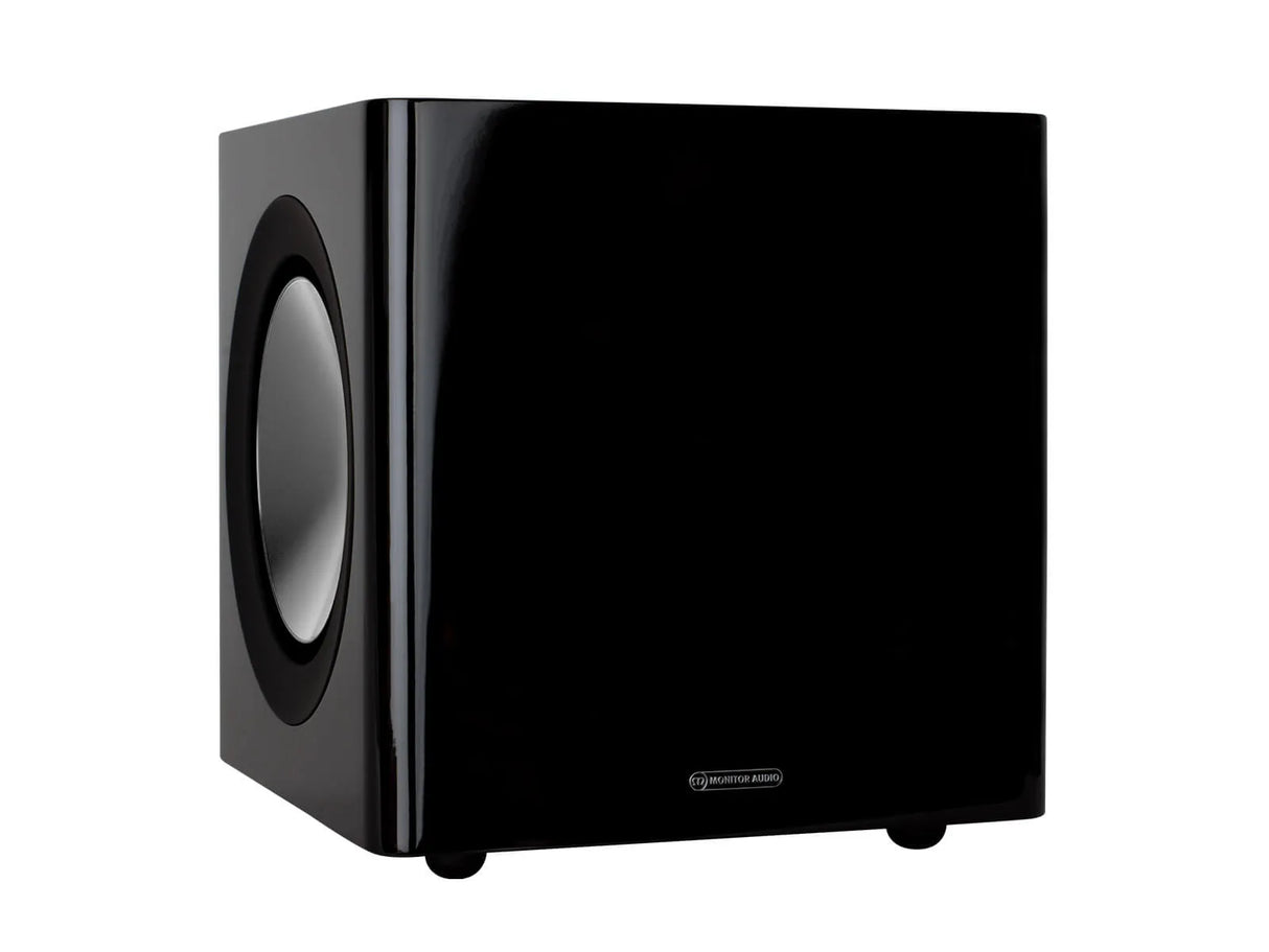 Monitor Audio Radius 380, žemų dažnių garso kolonėlė (įvairių spalvų) - Šoninis vaizdas su garsiakalbiu ir logotipu