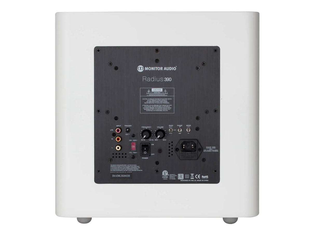 Monitor Audio Radius 390, žemų dažnių garso kolonėlė (įvairių spalvų) - galinė panelė su jungtimis ir valdymo elementais