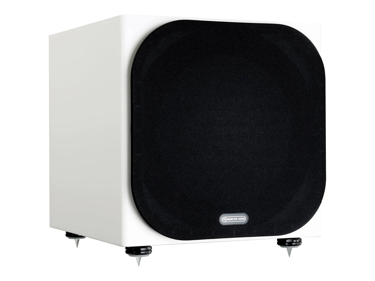 Monitor Audio Silver W-12 6G, žemų dažnių garso kolonėlė (įvairių spal - balta kolonėlė su juodu garsiakalbiu ir spygliais