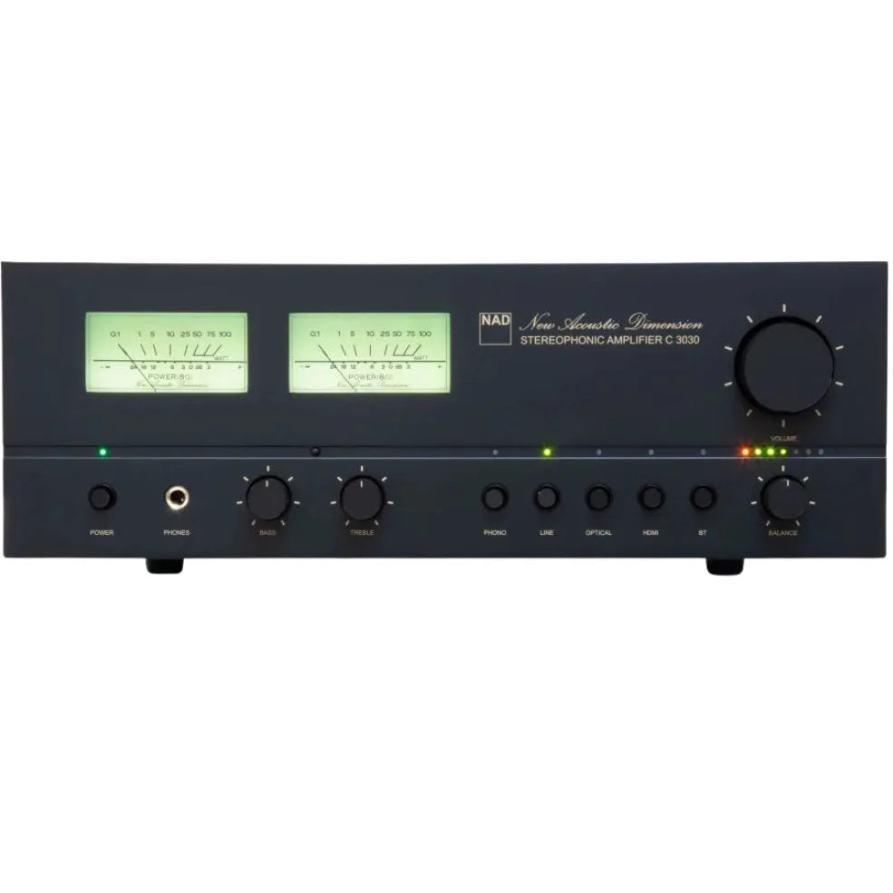 NAD C 3030, integruotas stereo stiprintuvas - du matuokliai ir mygtukai iš arti