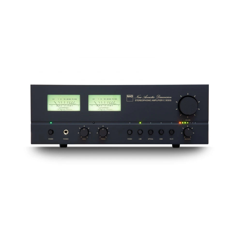 NAD C 3030S, stereo integruotas stiprintuvas su BluOS - du indikatoriai ir valdymo mygtukai iš arti
