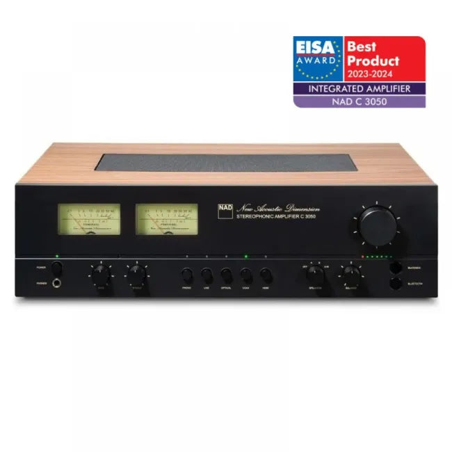 NAD C 3050, stereo garso stiprintuvas su DAC, HDMI eARC, Dirac Live - Du analoginiai VU metrai priekinėje panelėje