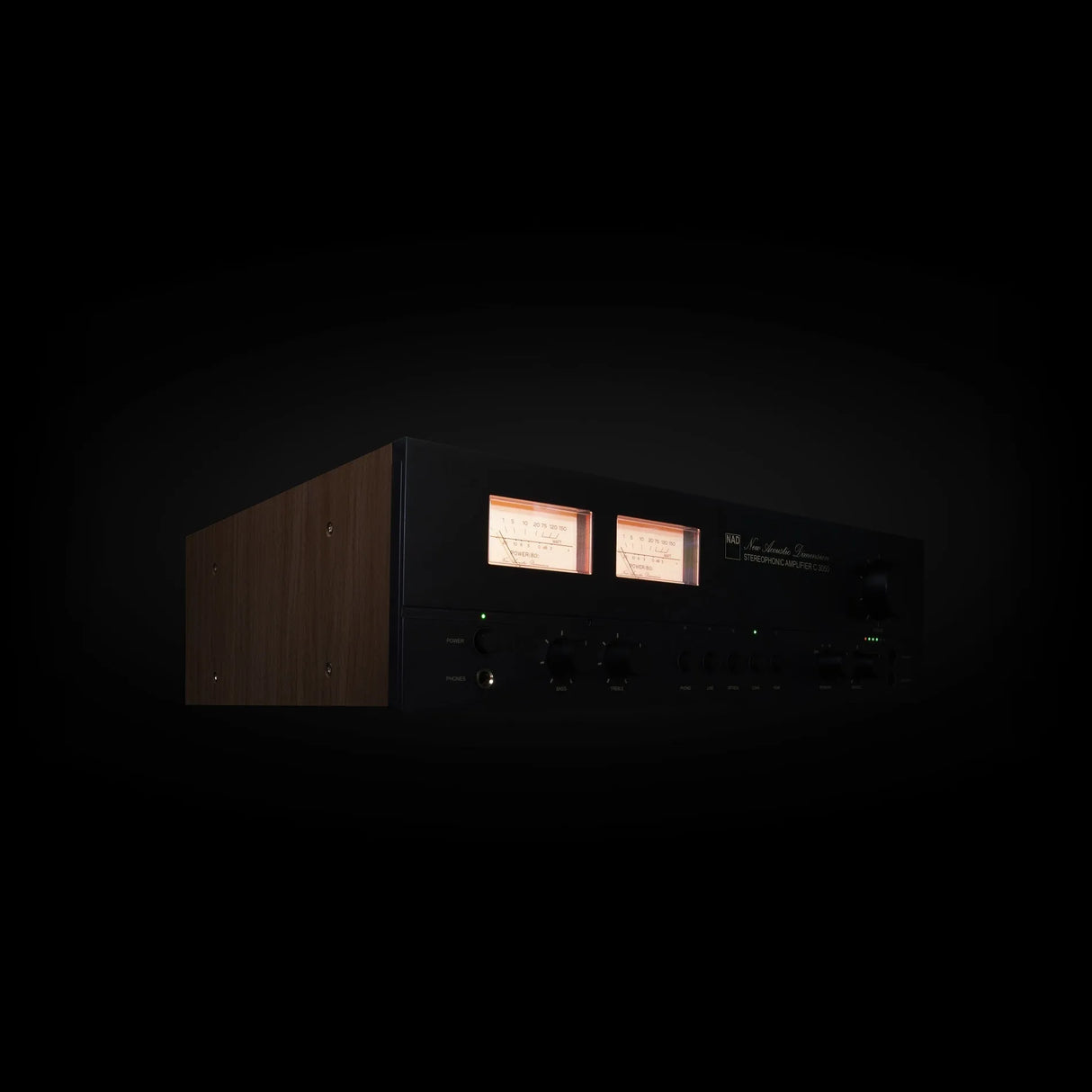 NAD C 3050, stereo garso stiprintuvas su DAC, HDMI eARC, Dirac Live - du matuokliai ir medžio apdailos detalė