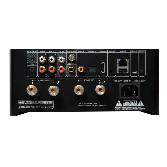 NAD C 700 V2, BluOS tinklinis stiprintuvas su DAC, Dirac Live, HDMI eARC - Galinė panelė su įvairiomis jungtimis