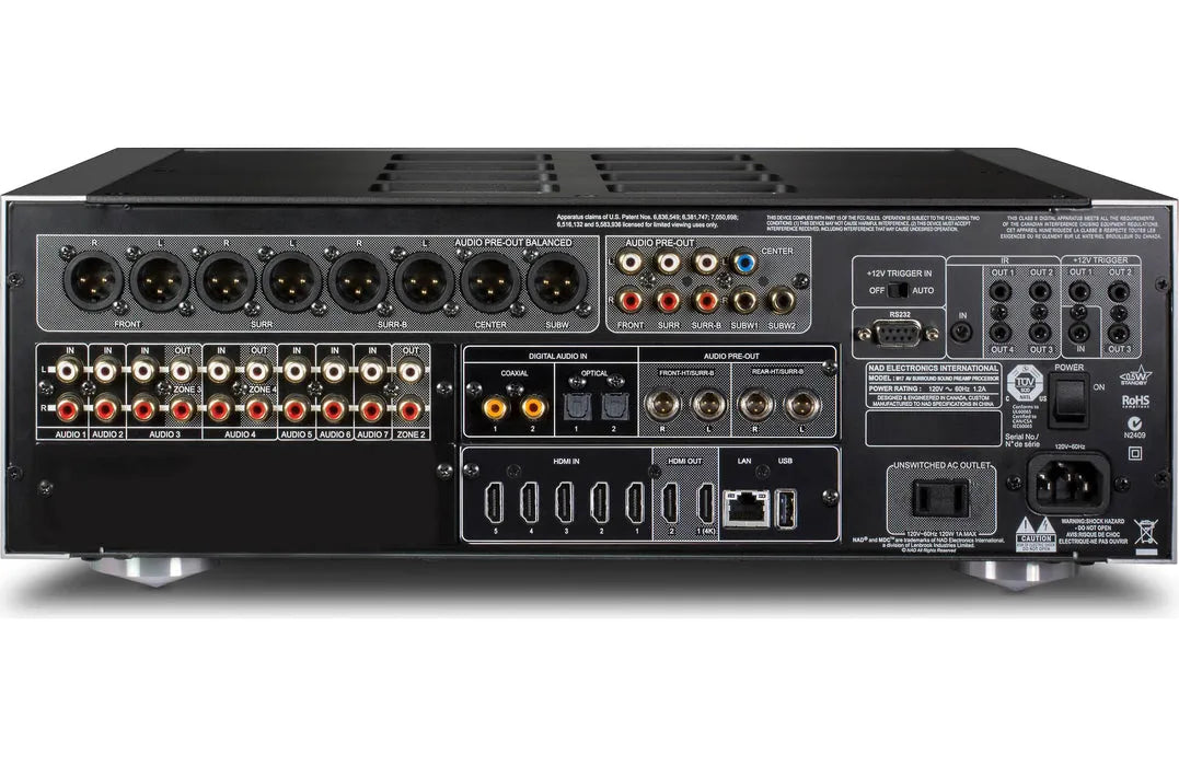 NAD M17 V2i, Erdvinio garso pradinis stiprintuvas su Dolby Atmos, DTS:X, Dirac Live - galinė panelė su daugybe jungčių