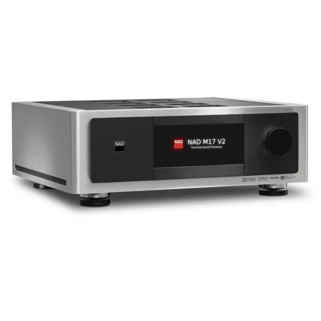 NAD M17 V2i, Erdvinio garso pradinis stiprintuvas su Dolby Atmos, DTS:X, Dirac Live - priekinė panelė su ekranu ir rankenėle