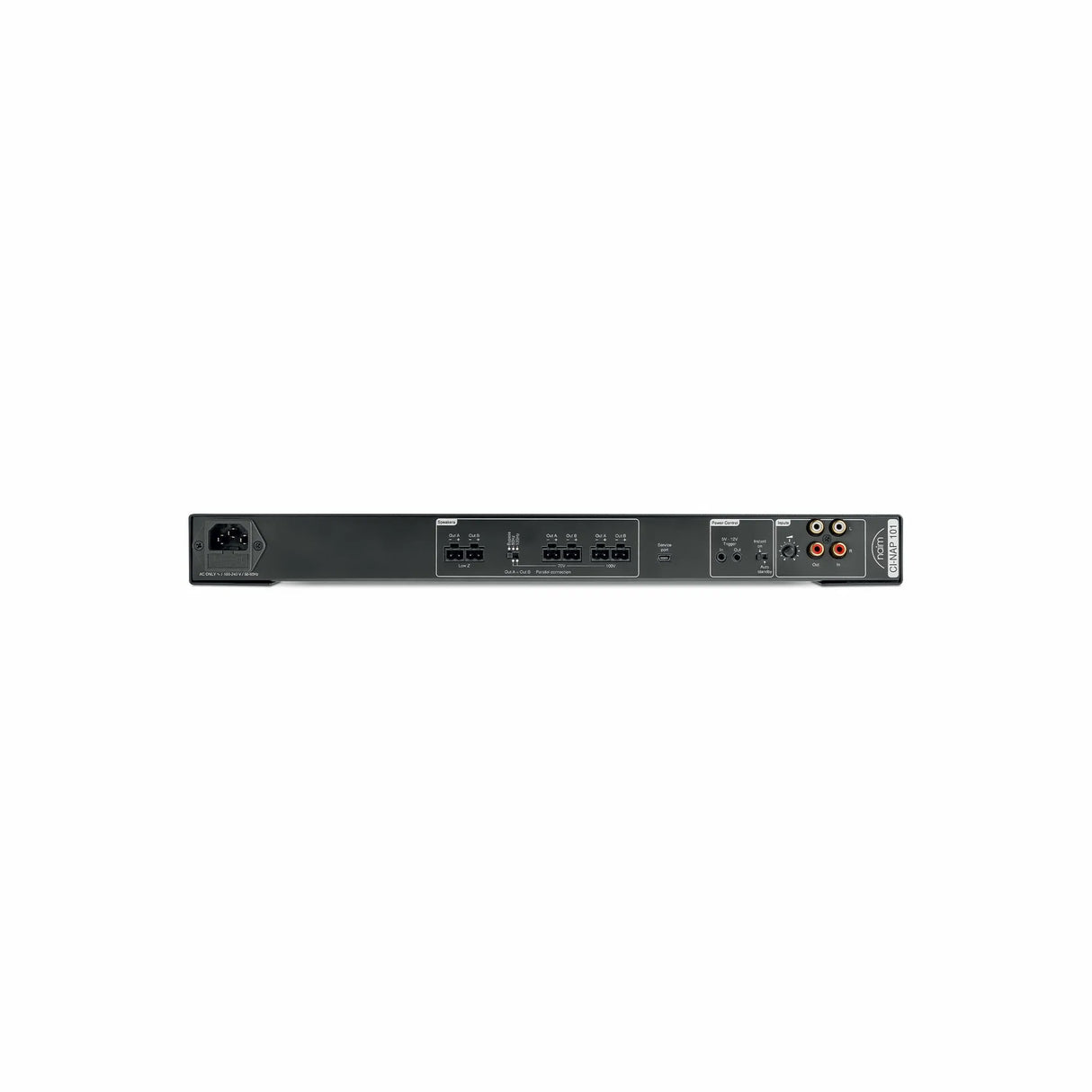 Naim CI-NAP 101, mono galios stiprintuvas - galinė panelė su jungtimis ir logotipu