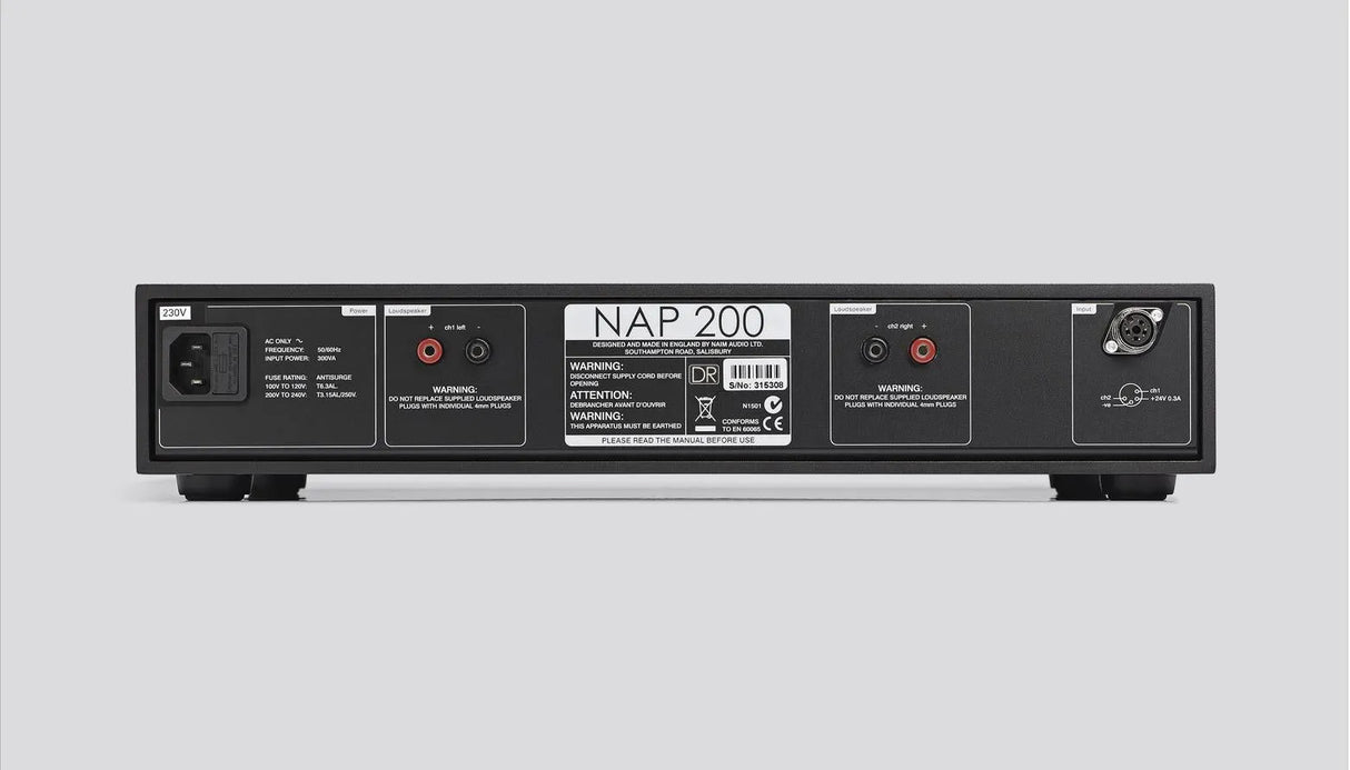 Naim NAP 200 DR, garso galios stiprintuvas - Galinė panelė su jungtimis ir įspėjimais