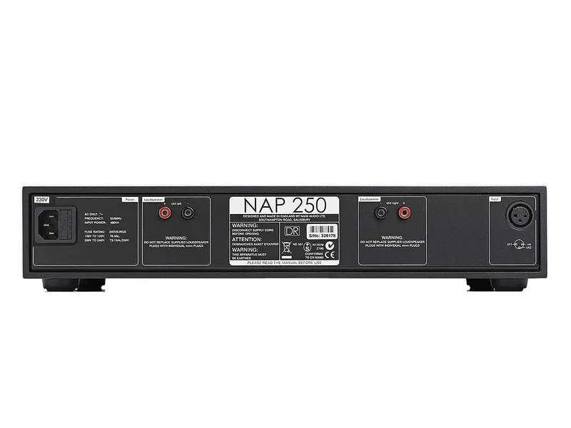 Naim NAP 250 DR, Galios stiprintuvas - Galinė panelė su jungtimis ir įspėjimais