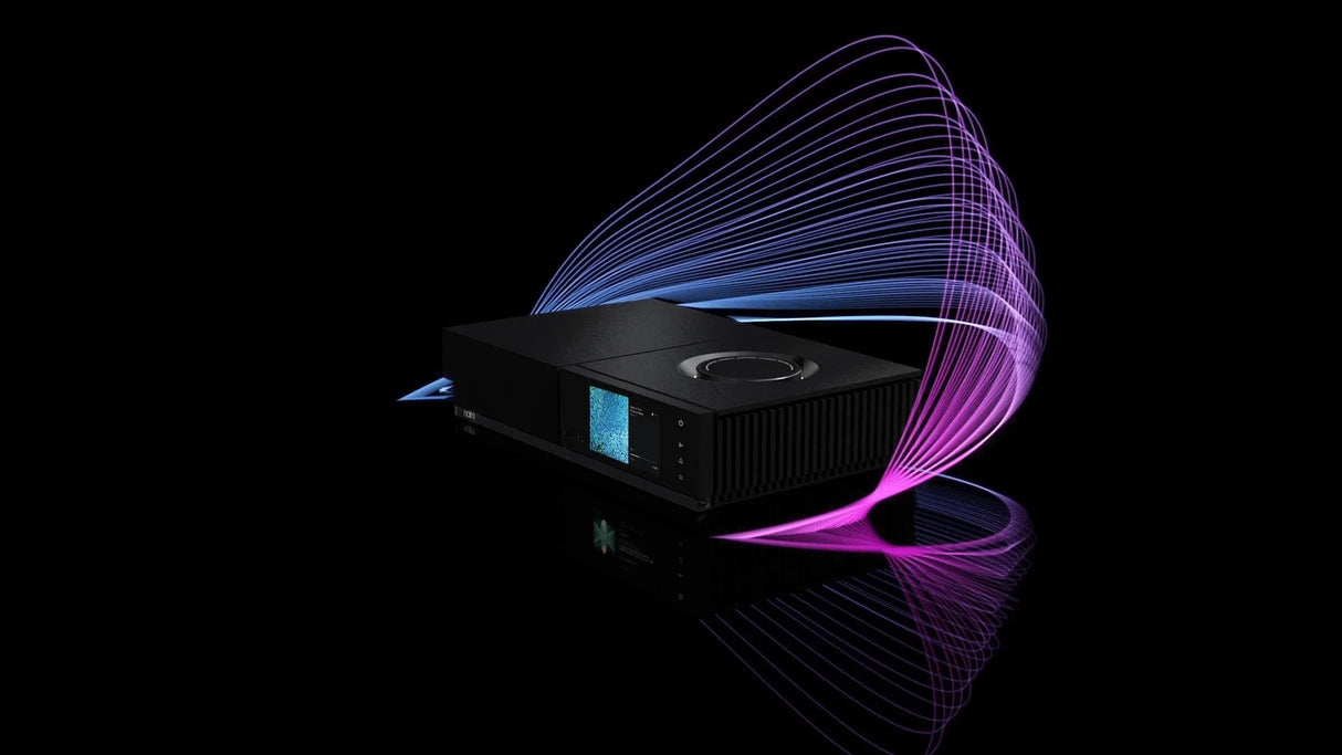 Naim Uniti Star, Išmanus tinklo stiprintuvas su CD grotuvu - ekranas su mėlynu vaizdu ir šviesos bangos