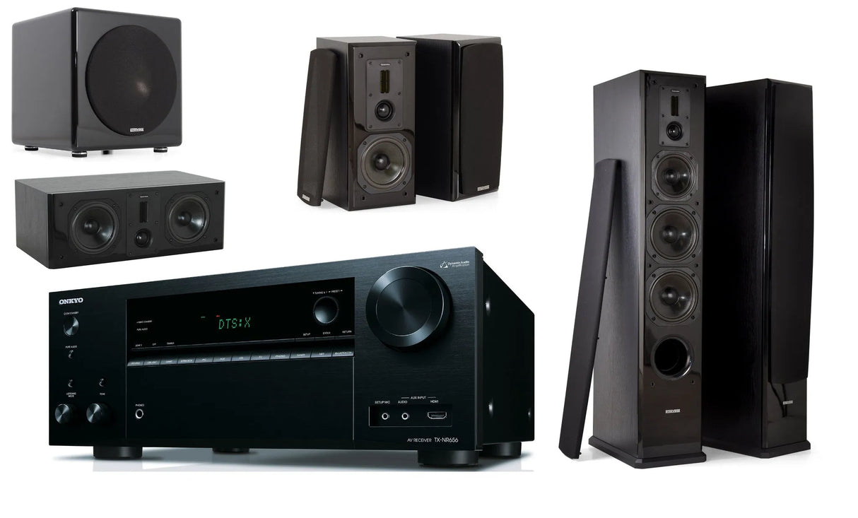 Namų kino komplektas - stiprintuvas Onkyo TX-NR656 , su kolonėlėm Dynavoice Definition DF-6 ,DC-5, DX-5 + SUB Thunder T-10