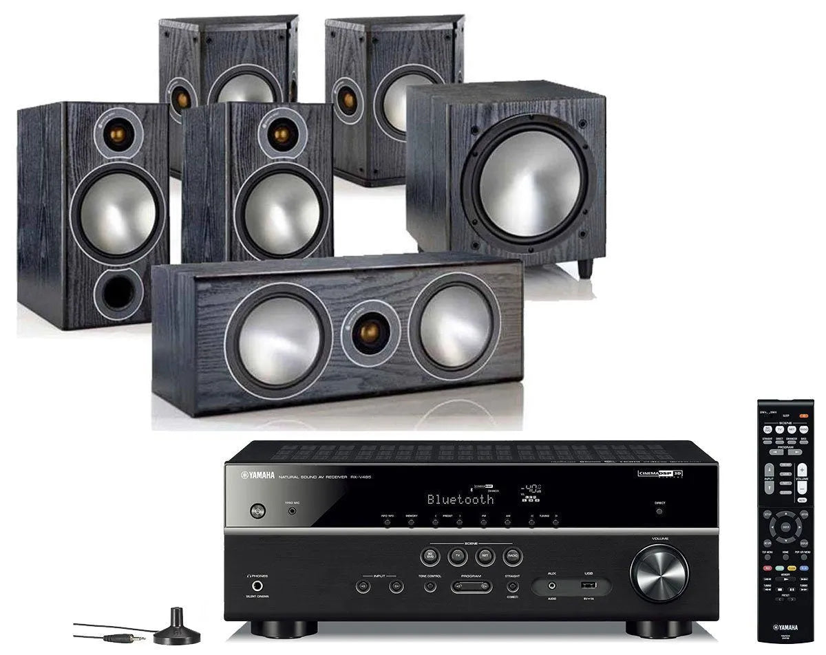 Namų kino komplektas - stiprintuvas Yamaha RX-V485, su kolonėlėm MONITOR AUDIO BRONZE 2 - 5.1