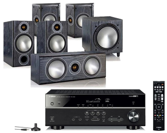 Namų kino komplektas - stiprintuvas Yamaha RX-V485, su kolonėlėm MONITOR AUDIO BRONZE 2 - 5.1