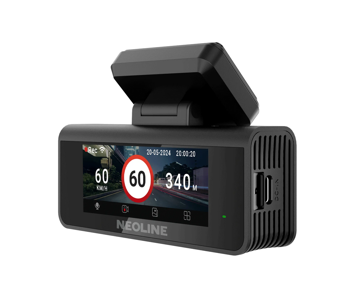 Neoline Argus 4K Wi-Fi Dual, 2-jų kamerų vaizdo registratorius su GPS radarų baze, 4K raiška - šoninis vaizdas su jungtimis ir ekranu
