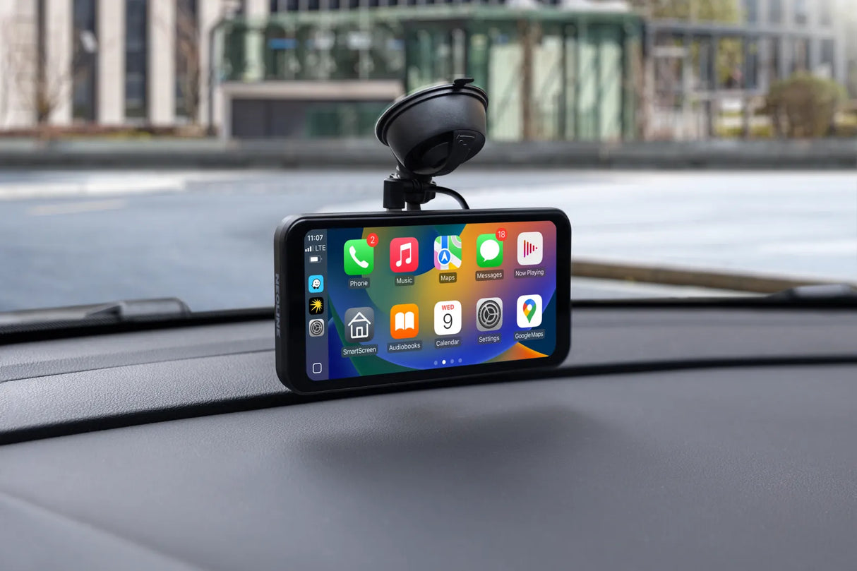 Neoline Smartway, 2-jų kamerų 4K vaizdo registratorius su Android Auto ir Apple Carplay - priekinis vaizdas su programėlių meniu