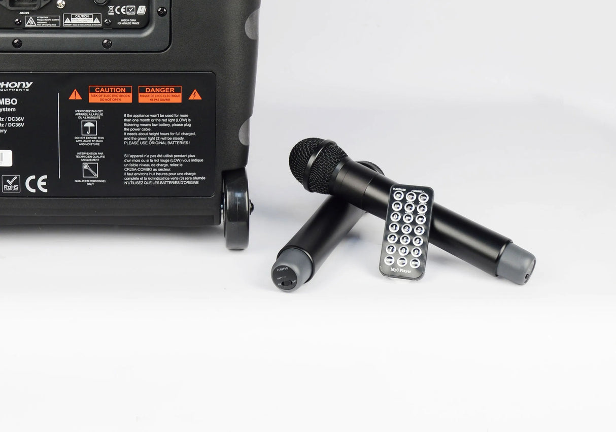 Nešiojama garso sistema Audiophony CR25A-COMBO su dviem belaidžiais UHF mikrofonais, Bluetooth, USB