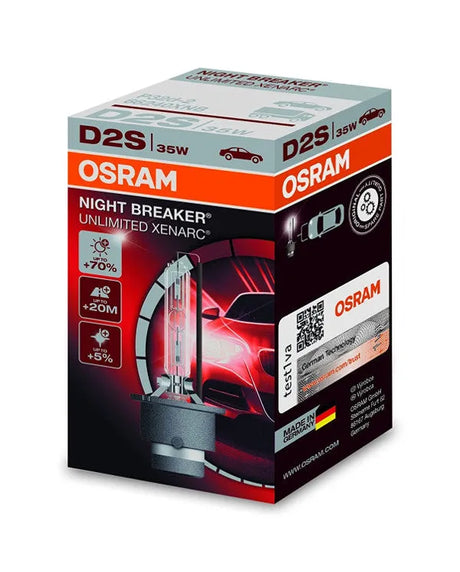 OSRAM XENARC, Lemputė XENON D2S NIGHT Braker 1vnt - detalus priekinės pakuotės vaizdas su lempute