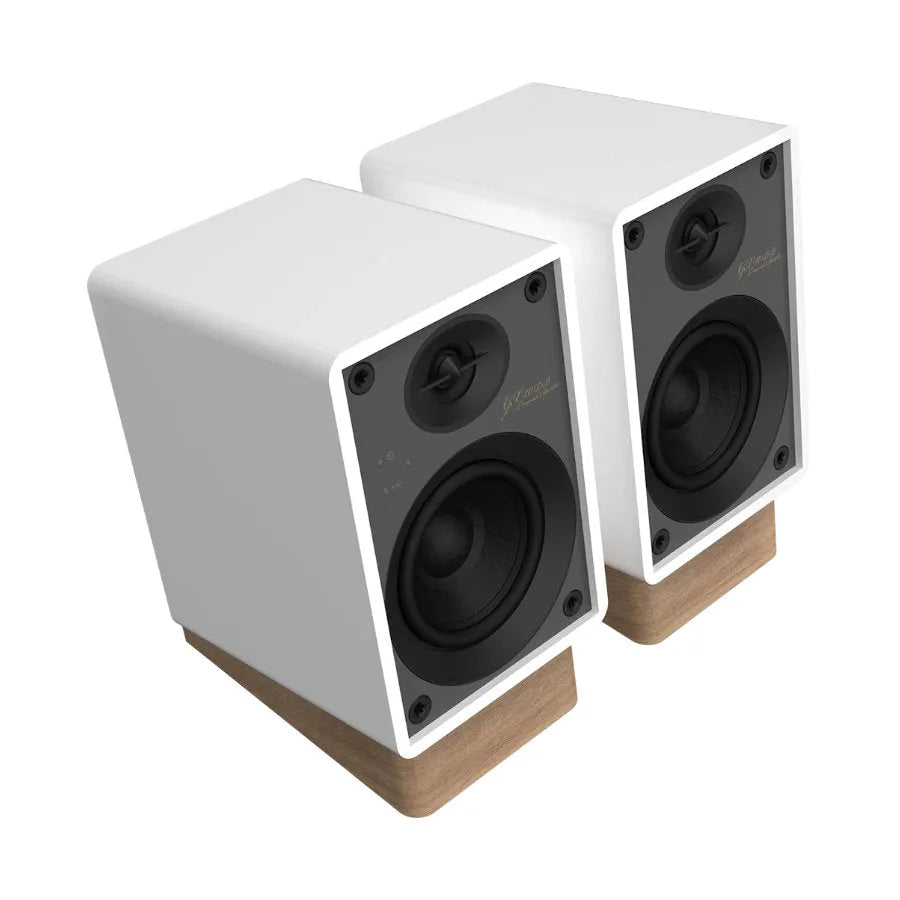 Onkyo GX-10DB, aktyvios lentyninės garso kolonėlės - baltos kolonėlės su mediniu pagrindu