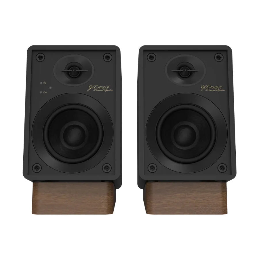Onkyo GX-10DB, aktyvios lentyninės garso kolonėlės - medinės kojelės su garsiakalbiais iš arti