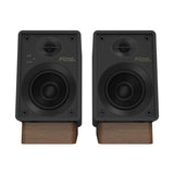 Onkyo GX-10DB, aktyvios lentyninės garso kolonėlės - medinės kojelės su garsiakalbiais iš arti