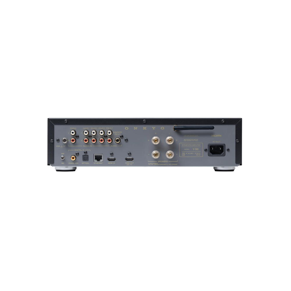 Onkyo Muse Y-50, tinklo grotuvas ir integruotas stereo stiprintuvas, 250W - Galinė panelė su jungtimis ir laidais