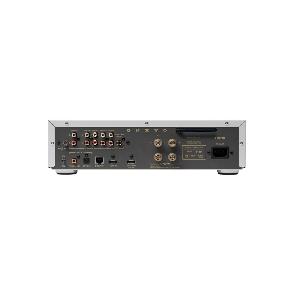 Onkyo Muse Y-50, tinklo grotuvas ir integruotas stereo stiprintuvas, 250W - galinė panelė su daugybe jungčių