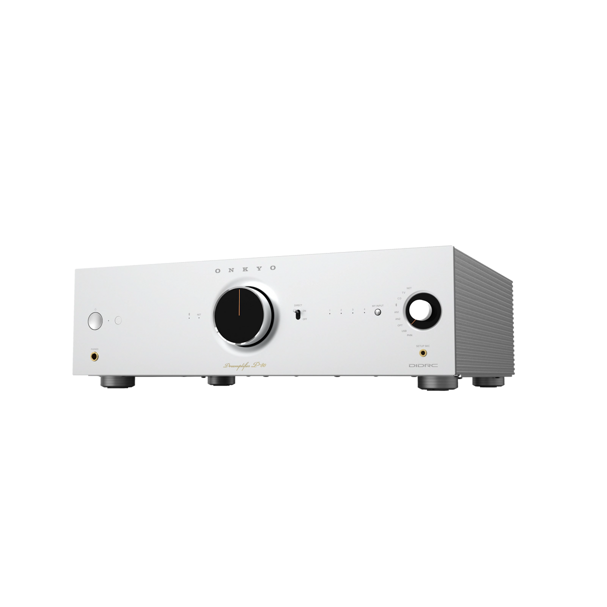 Onkyo P-80, pradinis stiprintuvas su tinklo grotuvu - balta priekinė panelė su mygtukais