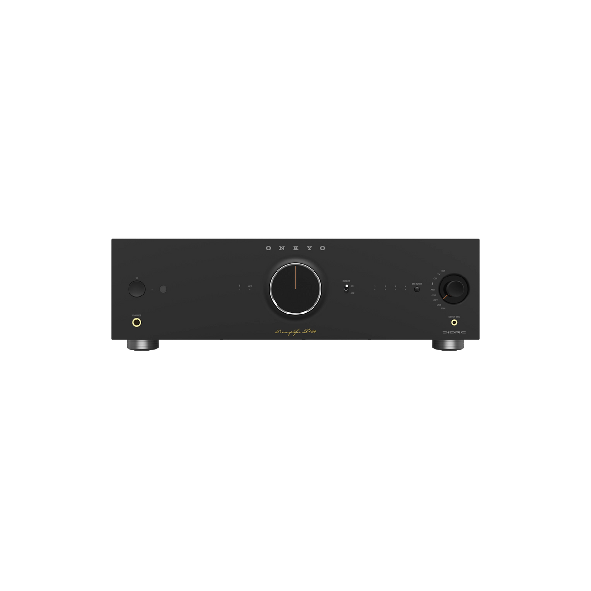 Onkyo P-80, pradinis stiprintuvas su tinklo grotuvu - Priekinė panelė su jungtimis ir mygtukais