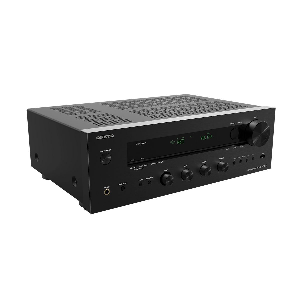 Onkyo TX-8470, Hi-Fi tinklinis stereo stiprintuvas - priekinė panelė su mygtukais ir ekranu