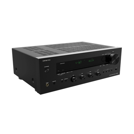 Onkyo TX-8470, Hi-Fi tinklinis stereo stiprintuvas - priekinė panelė su mygtukais ir ekranu