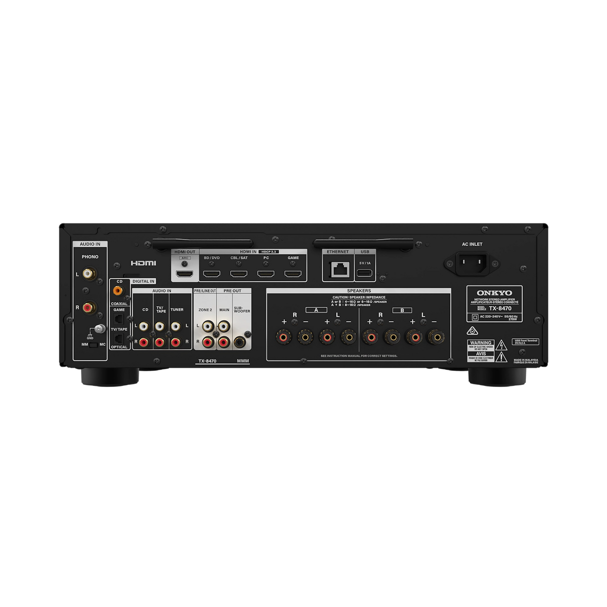 Onkyo TX-8470, Hi-Fi tinklinis stereo stiprintuvas - galinė panelė su daugybe jungčių