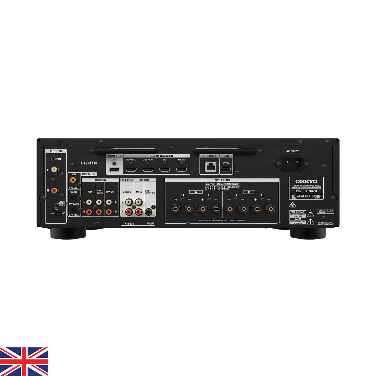 Onkyo TX-8470, Hi-Fi tinklinis stereo stiprintuvas - Galinėje panelėje yra gausybė jungčių