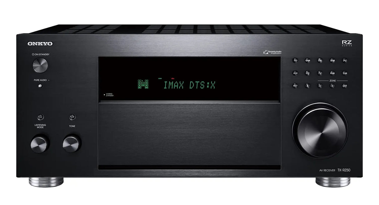 Onkyo TX-RZ50, 9.2 kanalo AV Resyveris-Stiprintuvas su Dirac Live - priekinė panelė su mygtukais ir ekranu