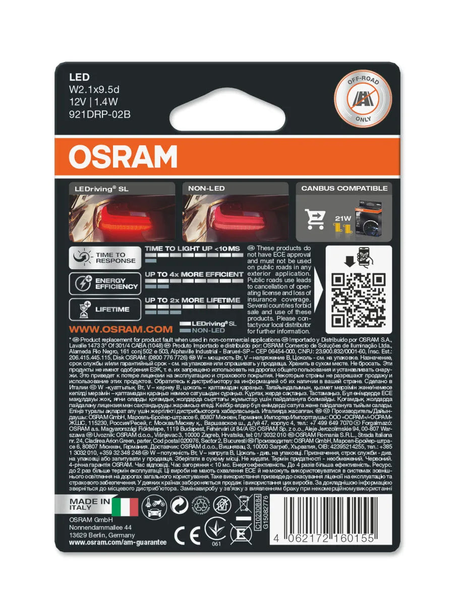 Osram LED lemputės, W16W T10 W2.1x9.5d 12V/2W(16W) Raudona - Off-road only simbolis ir QR kodas