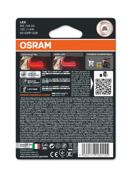 Osram LED lemputės, W16W T10 W2.1x9.5d 12V/2W(16W) Raudona - Off-road only simbolis ir QR kodas