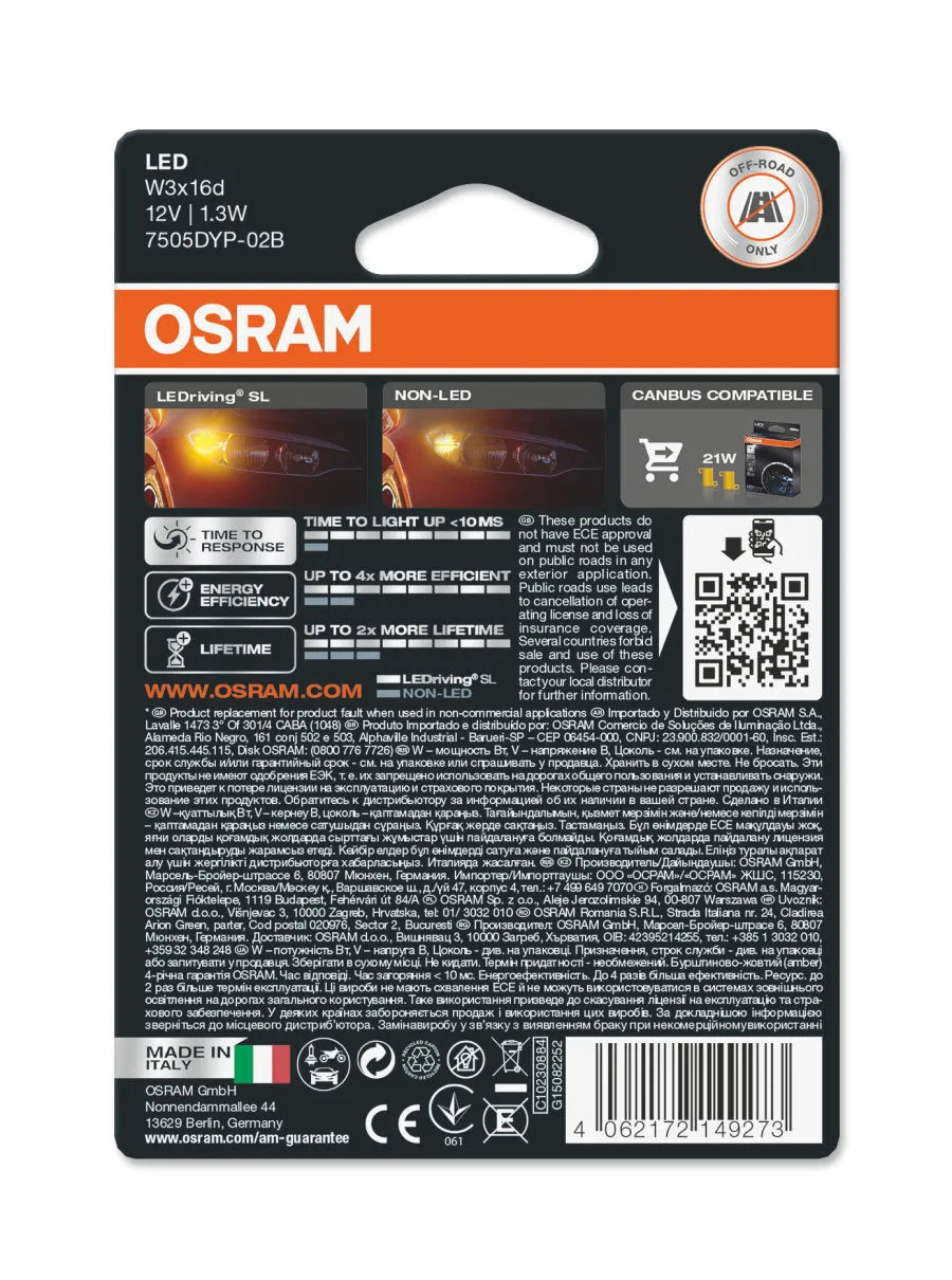 Osram LED lemputės, W21W T20 W3x16d 12V/2W(21W) Oranžinė, 7505DYP- - detalus vaizdas su pakuote