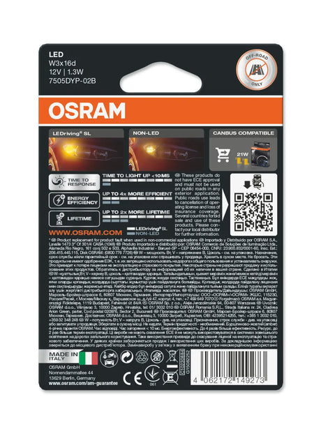 Osram LED lemputės, W21W T20 W3x16d 12V/2W(21W) Oranžinė, 7505DYP- - detalus vaizdas su pakuote