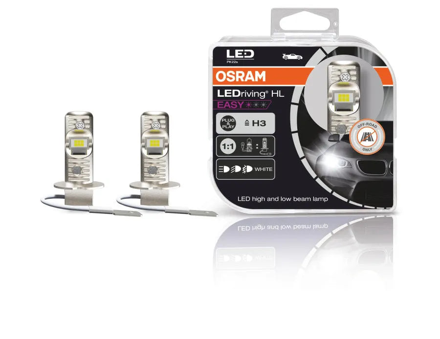 Osram LED pagrindinės šviesos H3, 6500K, 2vnt, 64151DWESY-HCB - Pakuotė su dviem LED lemputėmis ir automobiliu