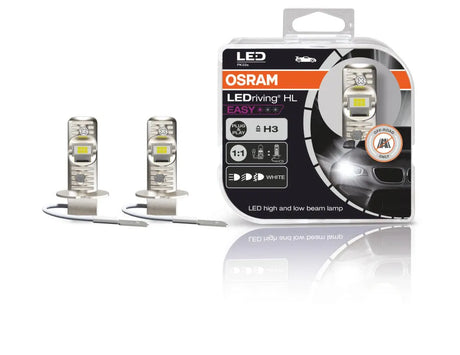 Osram LED pagrindinės šviesos H3, 6500K, 2vnt, 64151DWESY-HCB - Pakuotė su dviem LED lemputėmis ir automobiliu