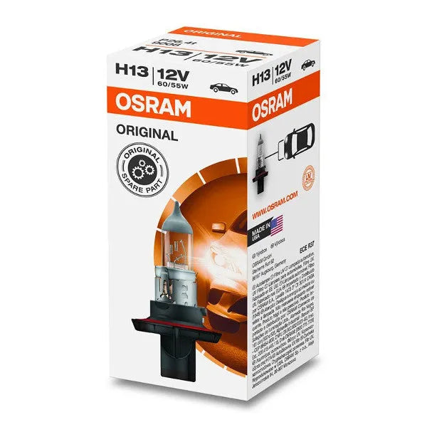 Osram lemputė , H13, 60/55W, P26.4t 9008 - lemputė su pakuote ir automobilio atvaizdu