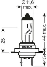 Osram lemputė Original , H7, 55W, PX26d 64210 - techninis brėžinys su matmenimis