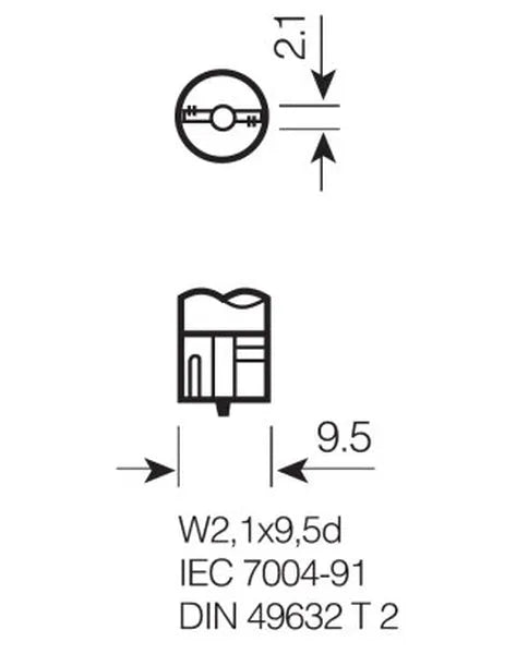 Osram lemputės COOL BLUE, W5W, 5W O2825HCBI - Matmenys ir standartų žymėjimai