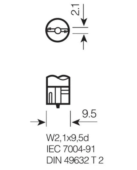 Osram lemputės COOL BLUE, W5W, 5W O2825HCBI - Matmenys ir standartų žymėjimai