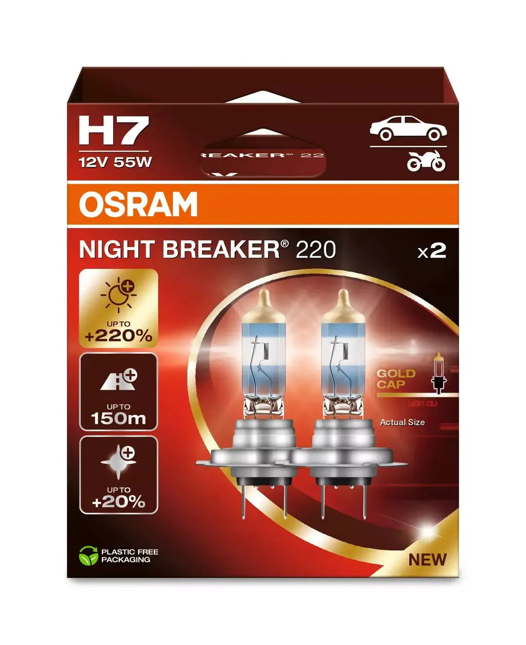 Osram lemputės Night Breaker ,+220%, H7, 55W,2 vnt, DUO 64210NB220 - Lemputės su auksiniu dangteliu ir pakuotė