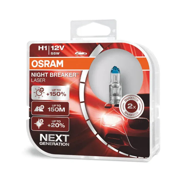 Osram lemputės Night Breaker Laser,+150%, H1, 55W,2 vnt, DUO O641