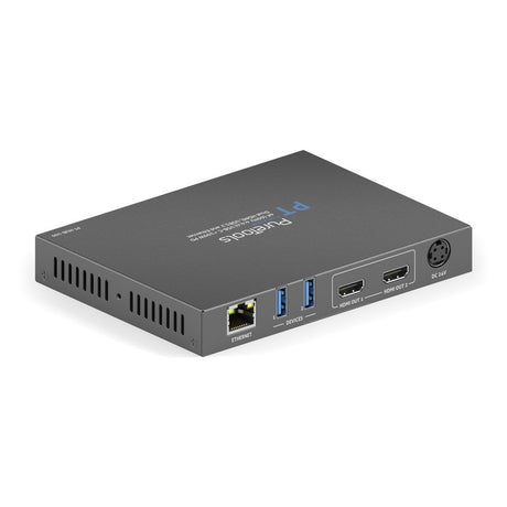 PT-HUB-100 PureTools - ProAV USB-C Alt-Mode dokų stotis - 4K (60Hz 4:4:4) USB-C + 100W PD dvigubas 4K HDMI išėjimas, USB 3.2 ir Ethernet - Šoninė jungčių pusė su HDMI, USB, Ethernet