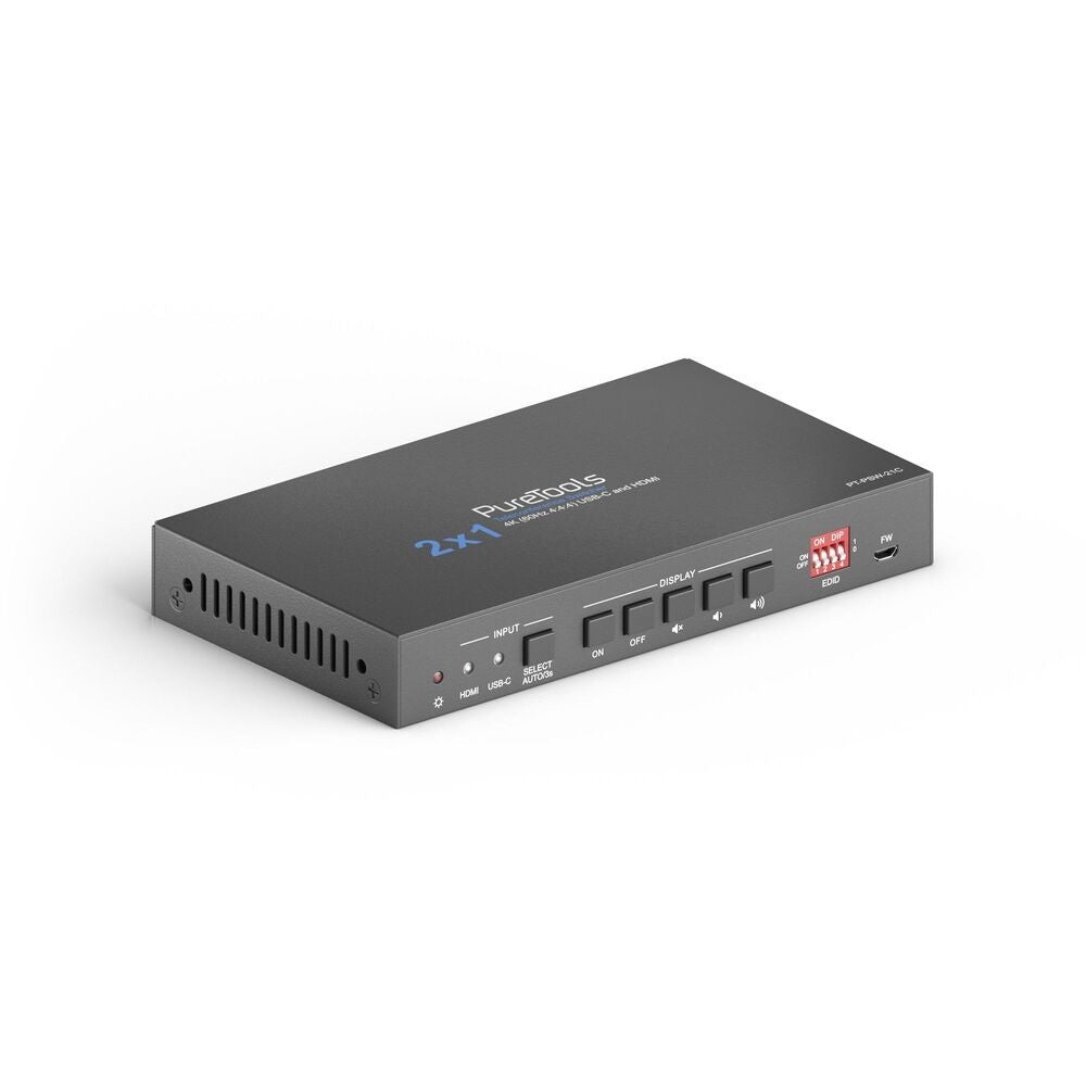 PT-PSW-21C PureTools - 2x1 telekonferencijų komutatorius su USB-C ir HDMI įėjimu bei HDMI išėjimu, 4K (60Hz 4:4:4), USB-C įkrovimas iki 40W su 2 prievadų USB centru