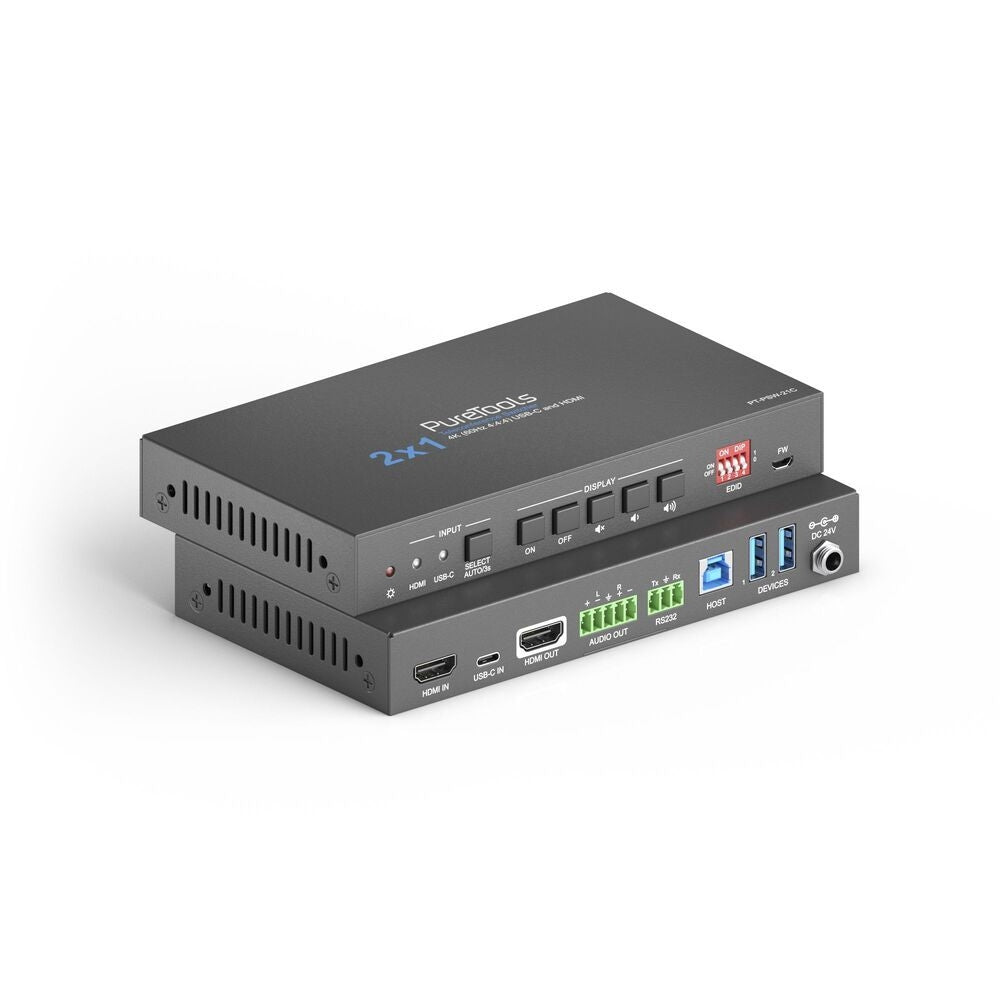 PT-PSW-21C PureTools - 2x1 telekonferencijų komutatorius su USB-C ir HDMI įėjimu bei HDMI išėjimu, 4K (60Hz 4:4:4), USB-C įkrovimas iki 40W su 2 prievadų USB centru