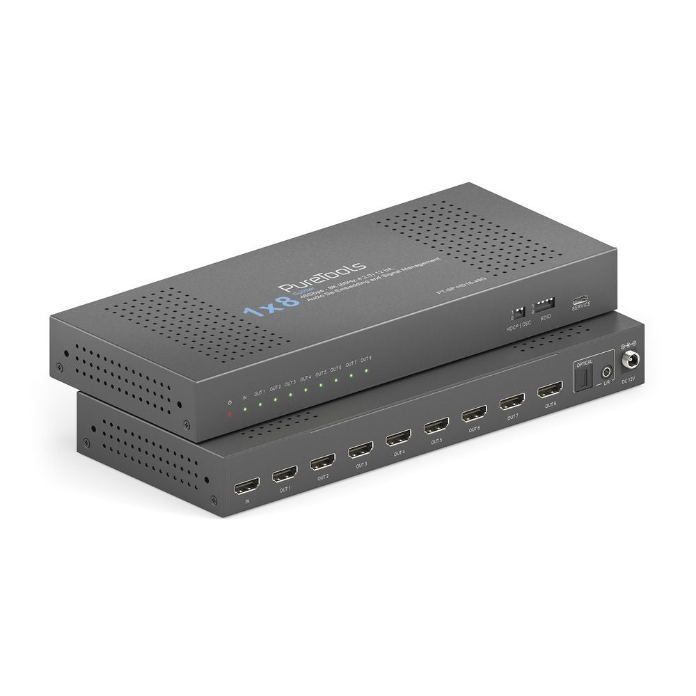 PT-SP-HD18-48G PureTools - 1x8 HDMI2.1 komutatorius - 48Gbps - 8K (60Hz 4:2:0) 12 bit, garso išskyrimas ir signalo valdymas